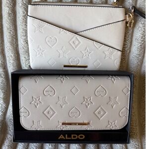 Aldo Cream Embossed Wallet and Wristlet Set Gold Hardware Heart Star Diamond
